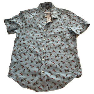 J Crew Button Shirt Slim Large Tropical Pineapple Blue Cotton/Linen Hawaiian